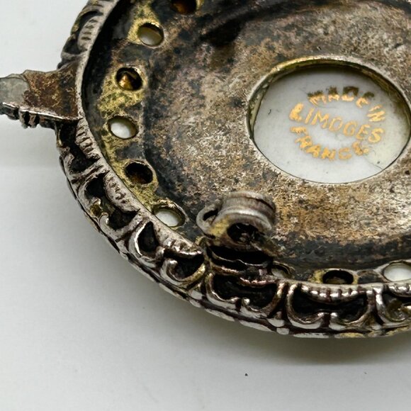 Vintage Limoges Porcelain Cameo Brooch Faux Pearls Rhinestones Hand Painted READ - Picture 13 of 16